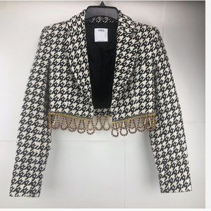 AREA Crystal Fringe Houndstooth Wool Blend Bolero Jacket